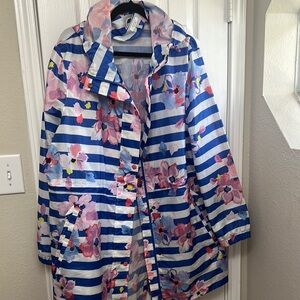 Joules Blue and White Striped Trench Raincoat  with Floral Design